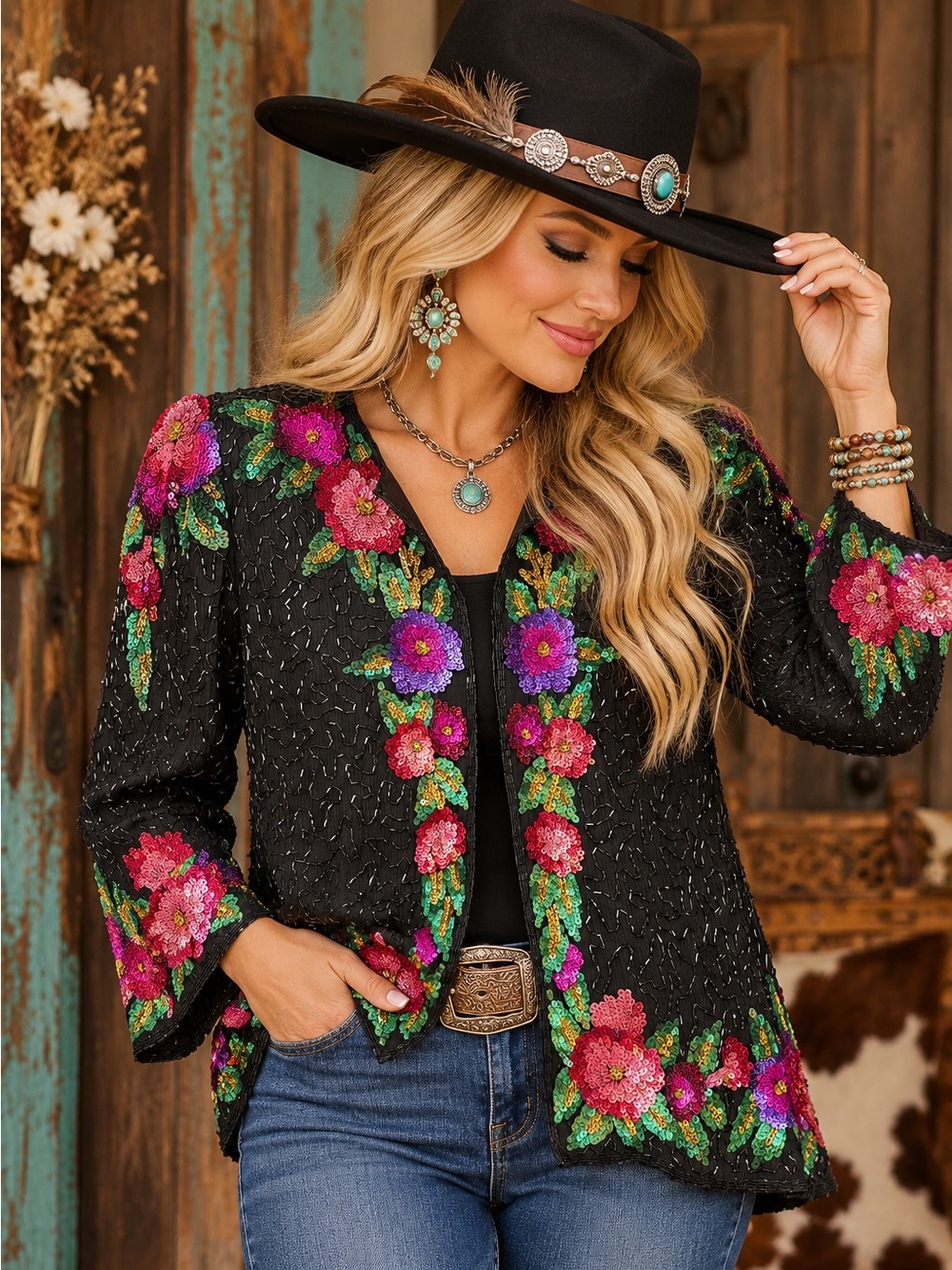Vintage Laurence Kazar Silk Beaded Sequin Floral Jacket M